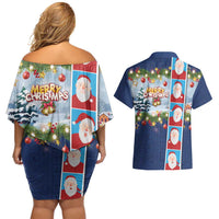 Merry Christmas Couples Matching Off Shoulder Short Dress and Hawaiian Shirt Funny Santa Claus Cards Photo and Polynesian Pattern Blue Color LT03 - Polynesian Pride