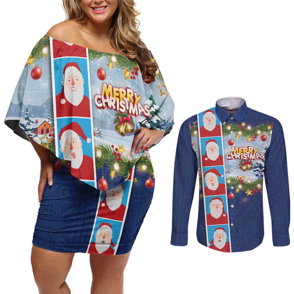 Merry Christmas Couples Matching Off Shoulder Short Dress and Long Sleeve Button Shirt Funny Santa Claus Cards Photo and Polynesian Pattern Blue Color LT03 Blue - Polynesian Pride