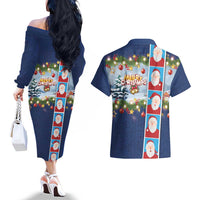 Merry Christmas Couples Matching Off The Shoulder Long Sleeve Dress and Hawaiian Shirt Funny Santa Claus Cards Photo and Polynesian Pattern Blue Color LT03 - Polynesian Pride