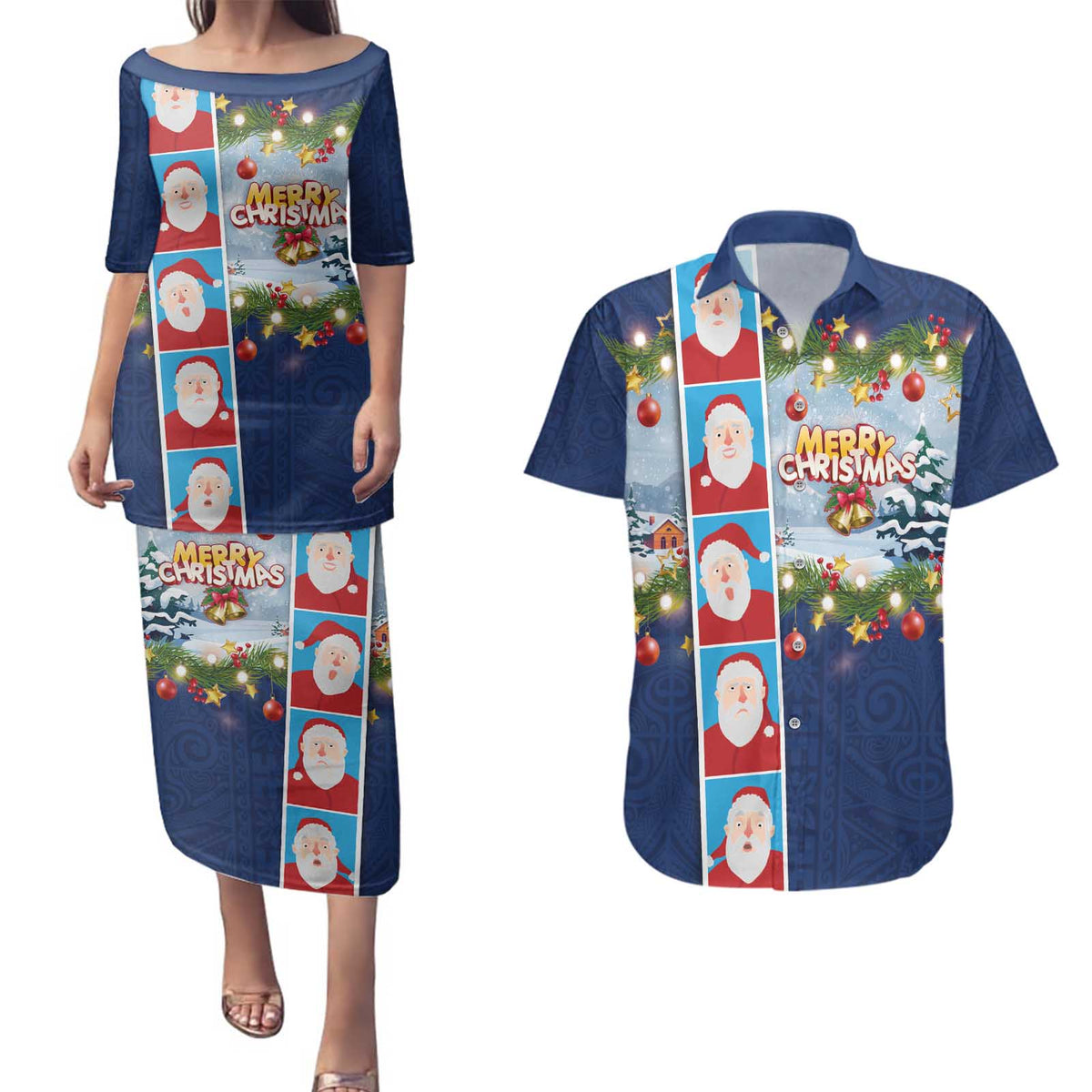 Merry Christmas Couples Matching Puletasi and Hawaiian Shirt Funny Santa Claus Cards Photo and Polynesian Pattern Blue Color LT03 Blue - Polynesian Pride