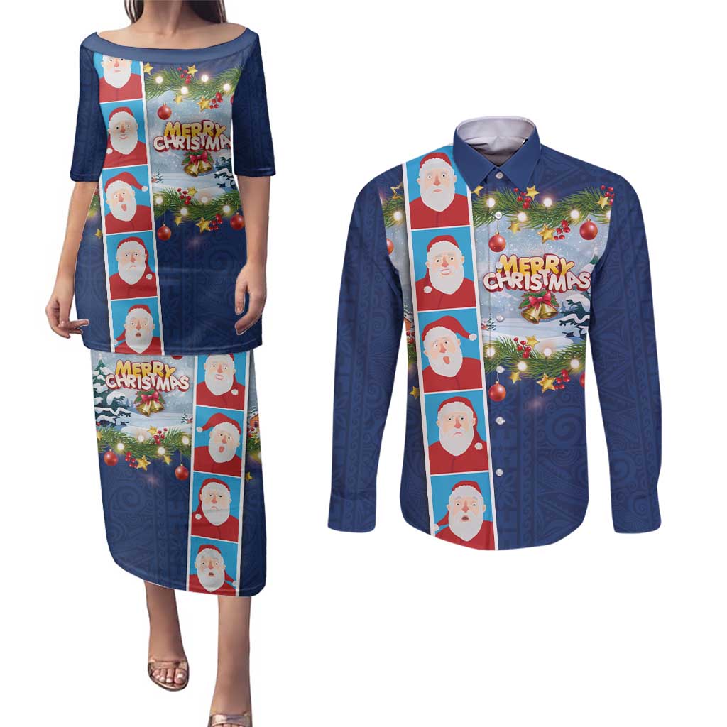 Merry Christmas Couples Matching Puletasi and Long Sleeve Button Shirt Funny Santa Claus Cards Photo and Polynesian Pattern Blue Color LT03 Blue - Polynesian Pride