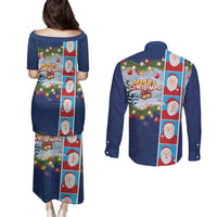 Merry Christmas Couples Matching Puletasi and Long Sleeve Button Shirt Funny Santa Claus Cards Photo and Polynesian Pattern Blue Color LT03 - Polynesian Pride