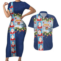 Merry Christmas Couples Matching Short Sleeve Bodycon Dress and Hawaiian Shirt Funny Santa Claus Cards Photo and Polynesian Pattern Blue Color LT03 Blue - Polynesian Pride