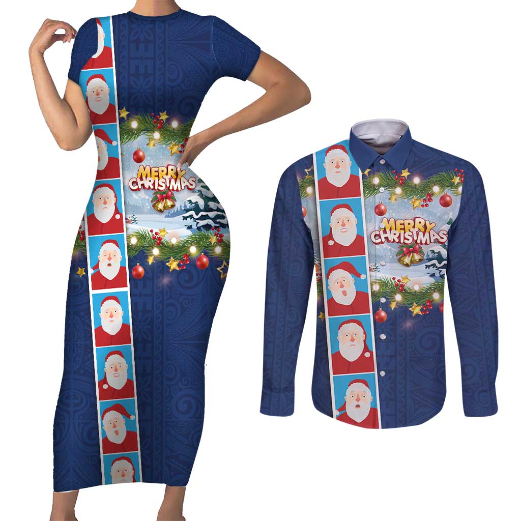 Merry Christmas Couples Matching Short Sleeve Bodycon Dress and Long Sleeve Button Shirt Funny Santa Claus Cards Photo and Polynesian Pattern Blue Color LT03 Blue - Polynesian Pride