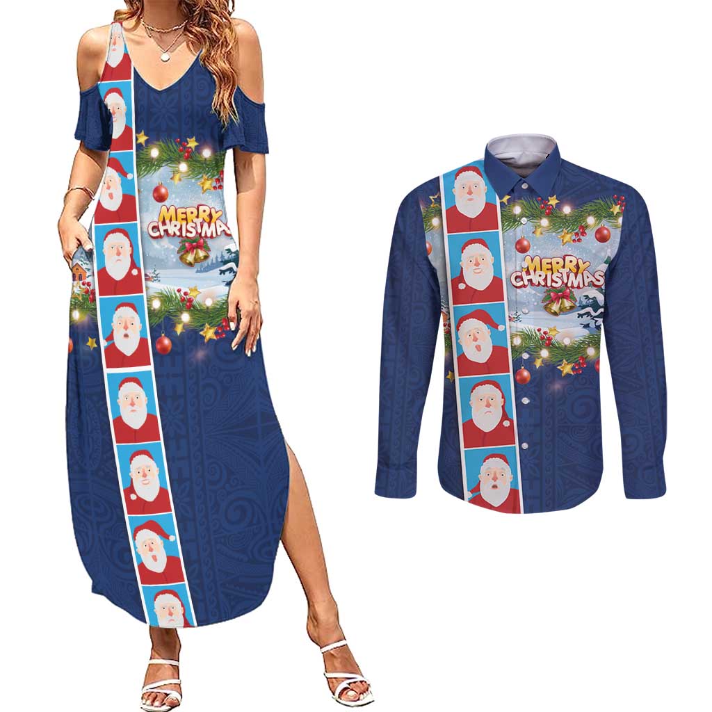 Merry Christmas Couples Matching Summer Maxi Dress and Long Sleeve Button Shirt Funny Santa Claus Cards Photo and Polynesian Pattern Blue Color LT03 Blue - Polynesian Pride