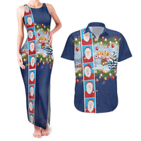Merry Christmas Couples Matching Tank Maxi Dress and Hawaiian Shirt Funny Santa Claus Cards Photo and Polynesian Pattern Blue Color LT03 Blue - Polynesian Pride