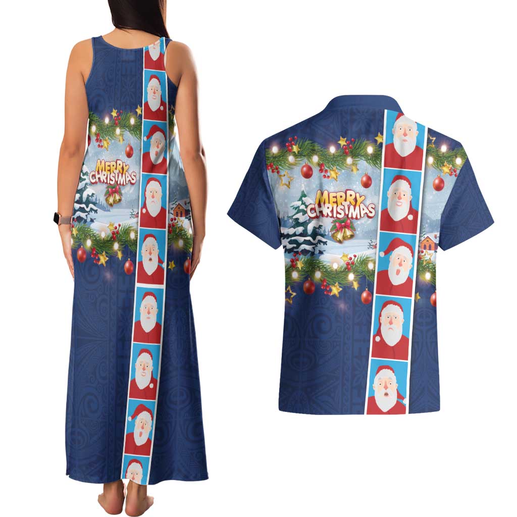 Merry Christmas Couples Matching Tank Maxi Dress and Hawaiian Shirt Funny Santa Claus Cards Photo and Polynesian Pattern Blue Color LT03 - Polynesian Pride