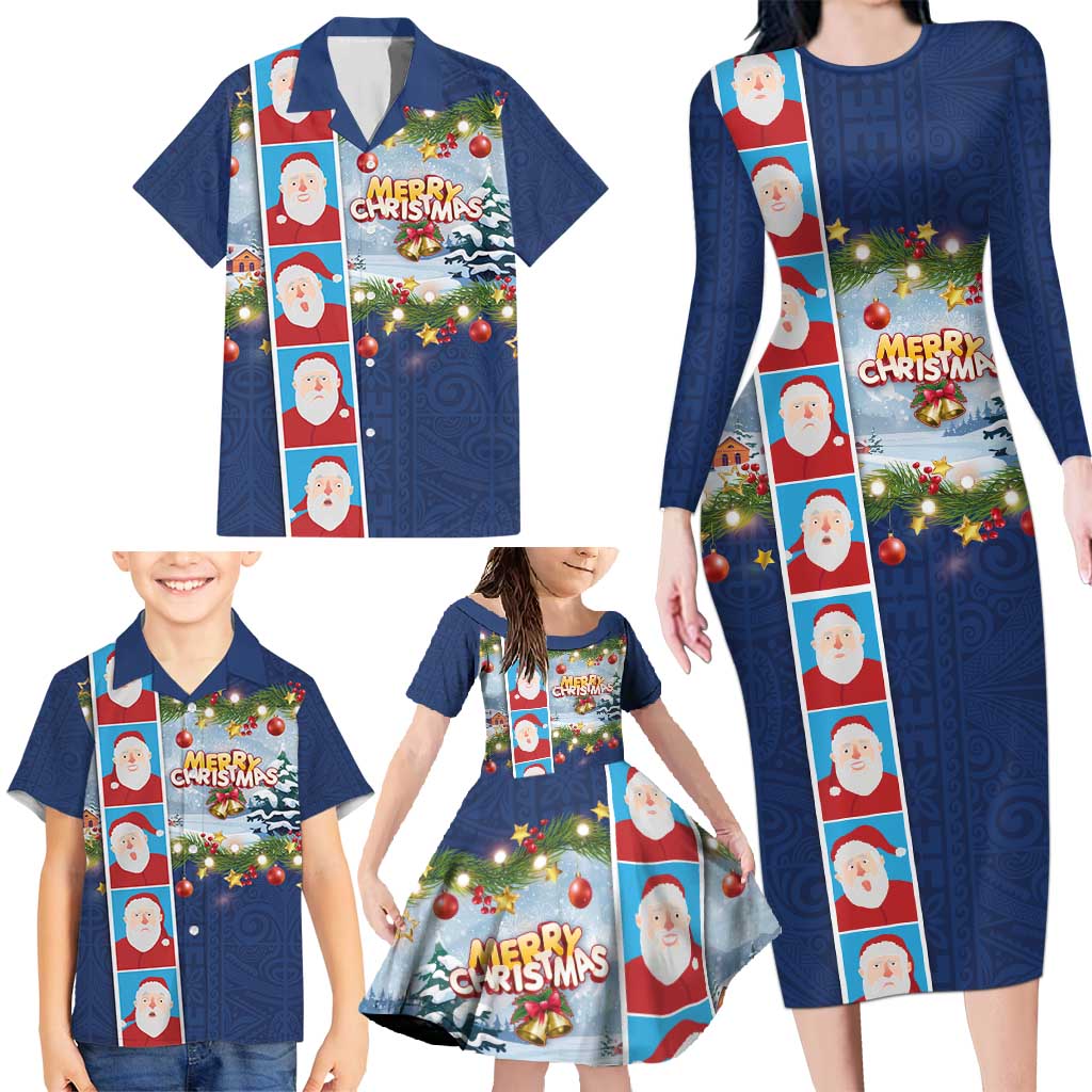Merry Christmas Family Matching Long Sleeve Bodycon Dress and Hawaiian Shirt Funny Santa Claus Cards Photo and Polynesian Pattern Blue Color LT03 - Polynesian Pride