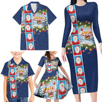 Merry Christmas Family Matching Long Sleeve Bodycon Dress and Hawaiian Shirt Funny Santa Claus Cards Photo and Polynesian Pattern Blue Color LT03 - Polynesian Pride