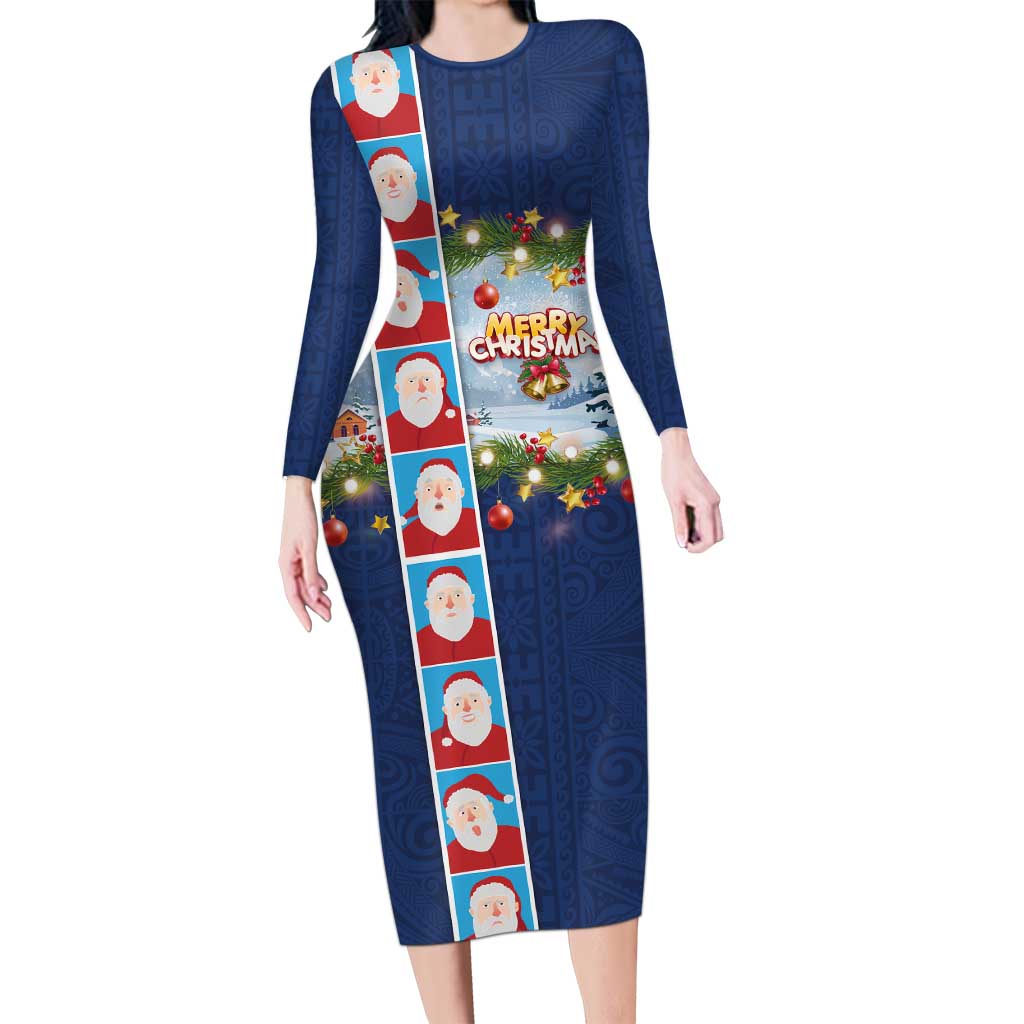 Merry Christmas Family Matching Long Sleeve Bodycon Dress and Hawaiian Shirt Funny Santa Claus Cards Photo and Polynesian Pattern Blue Color LT03 Mom's Dress Blue - Polynesian Pride