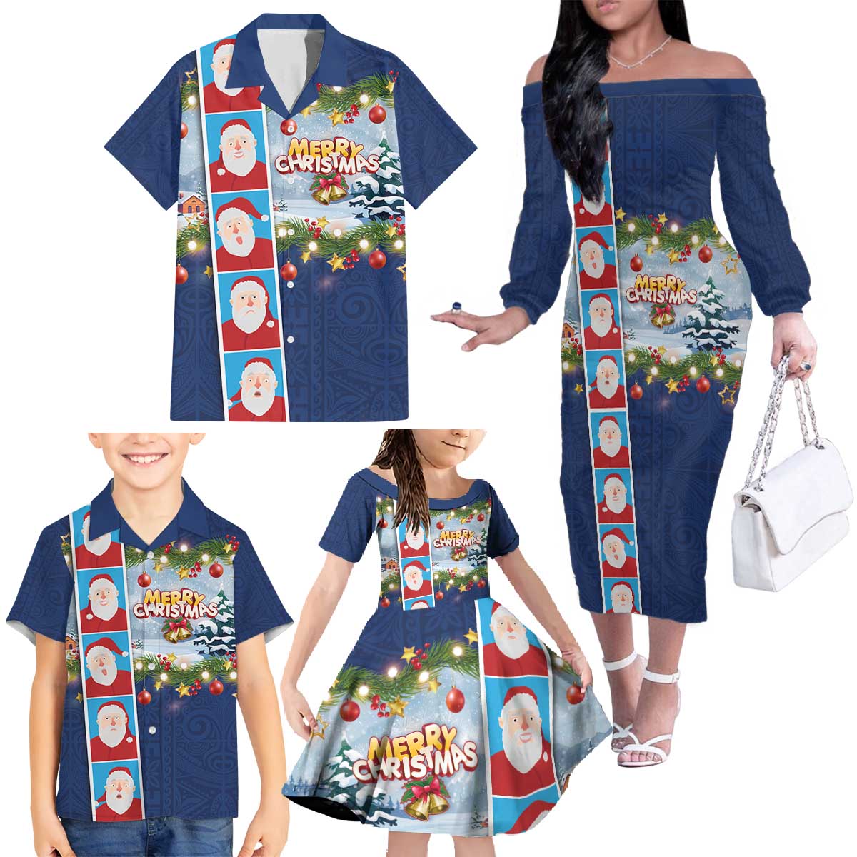 Merry Christmas Family Matching Off The Shoulder Long Sleeve Dress and Hawaiian Shirt Funny Santa Claus Cards Photo and Polynesian Pattern Blue Color LT03 - Polynesian Pride
