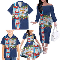 Merry Christmas Family Matching Off The Shoulder Long Sleeve Dress and Hawaiian Shirt Funny Santa Claus Cards Photo and Polynesian Pattern Blue Color LT03 - Polynesian Pride
