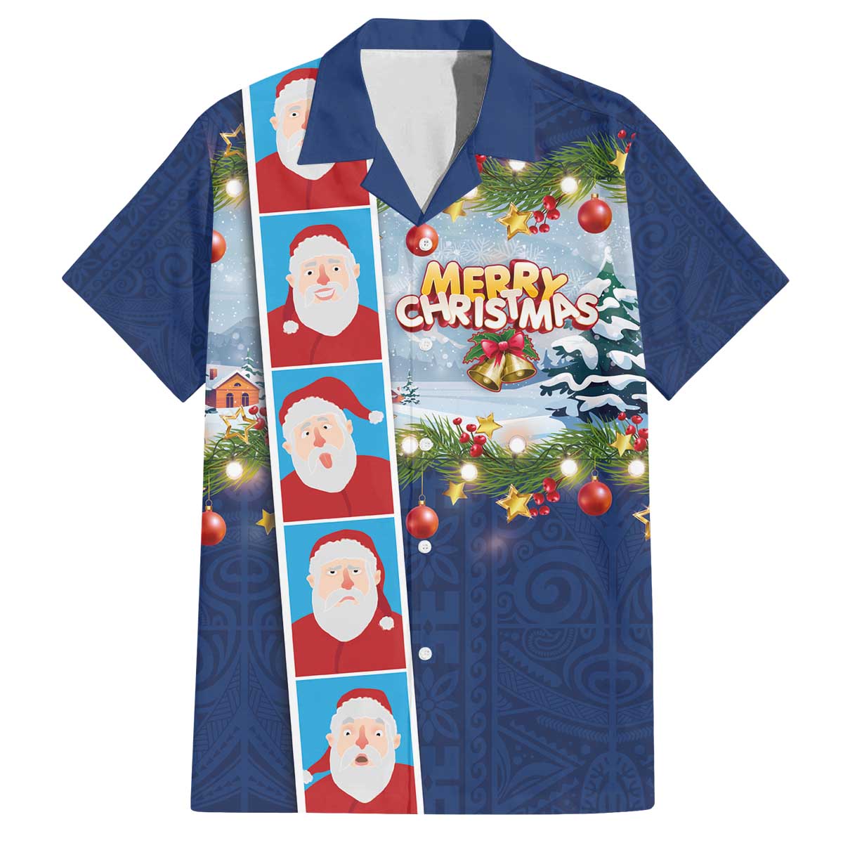 Merry Christmas Family Matching Off The Shoulder Long Sleeve Dress and Hawaiian Shirt Funny Santa Claus Cards Photo and Polynesian Pattern Blue Color LT03 Dad's Shirt - Short Sleeve Blue - Polynesian Pride