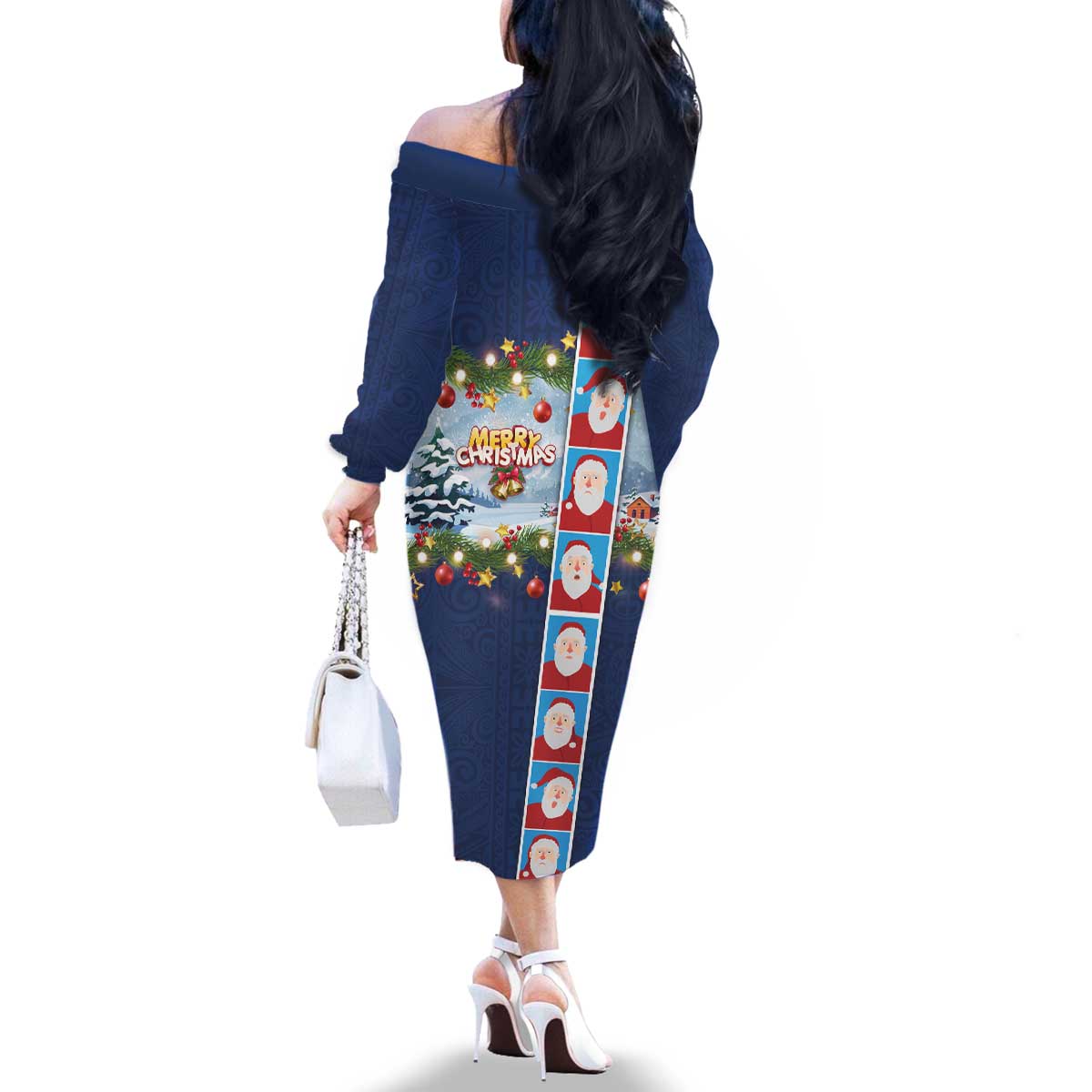 Merry Christmas Family Matching Off The Shoulder Long Sleeve Dress and Hawaiian Shirt Funny Santa Claus Cards Photo and Polynesian Pattern Blue Color LT03 - Polynesian Pride