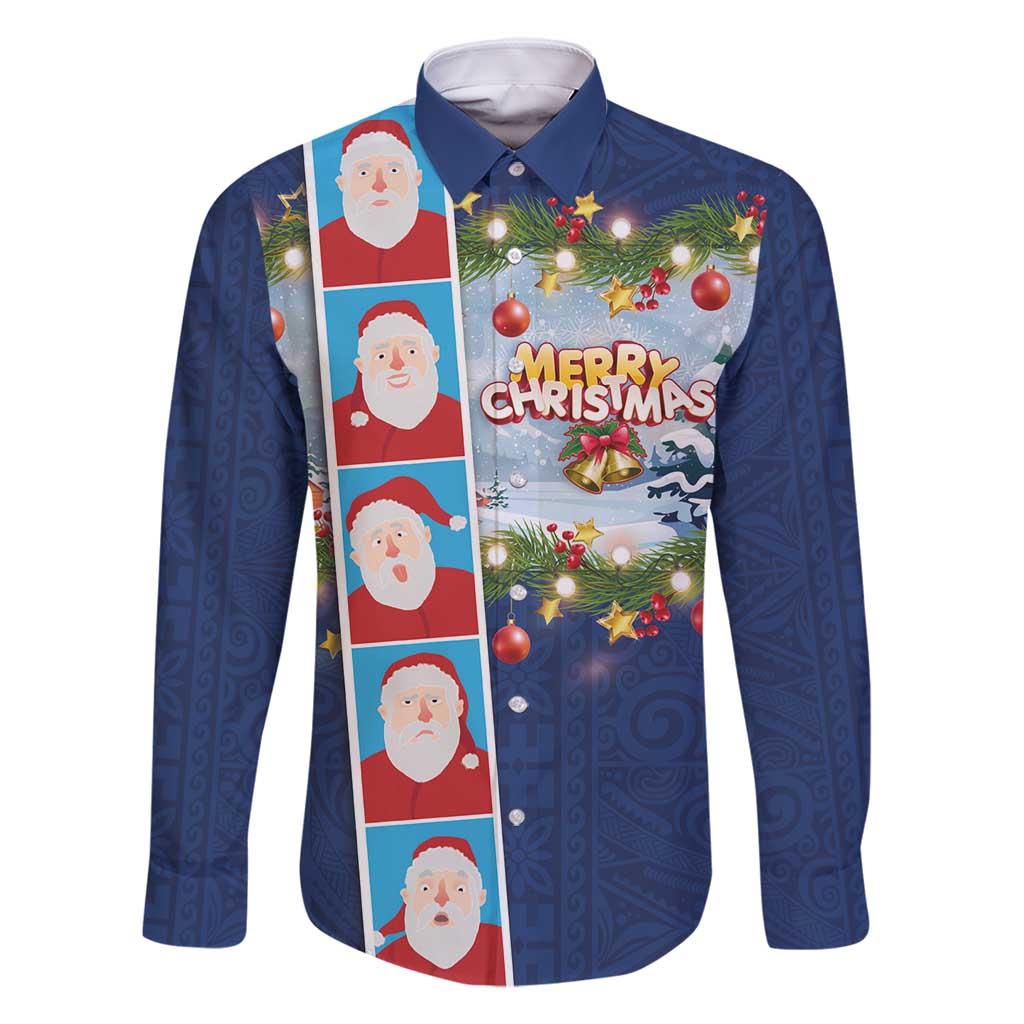 Merry Christmas Family Matching Off Shoulder Maxi Dress and Hawaiian Shirt Funny Santa Claus Cards Photo and Polynesian Pattern Blue Color LT03 Dad's Shirt - Long Sleeve Blue - Polynesian Pride