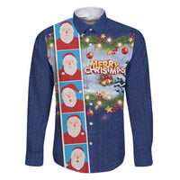 Merry Christmas Family Matching Puletasi and Hawaiian Shirt Funny Santa Claus Cards Photo and Polynesian Pattern Blue Color LT03 Dad's Shirt - Long Sleeve Blue - Polynesian Pride