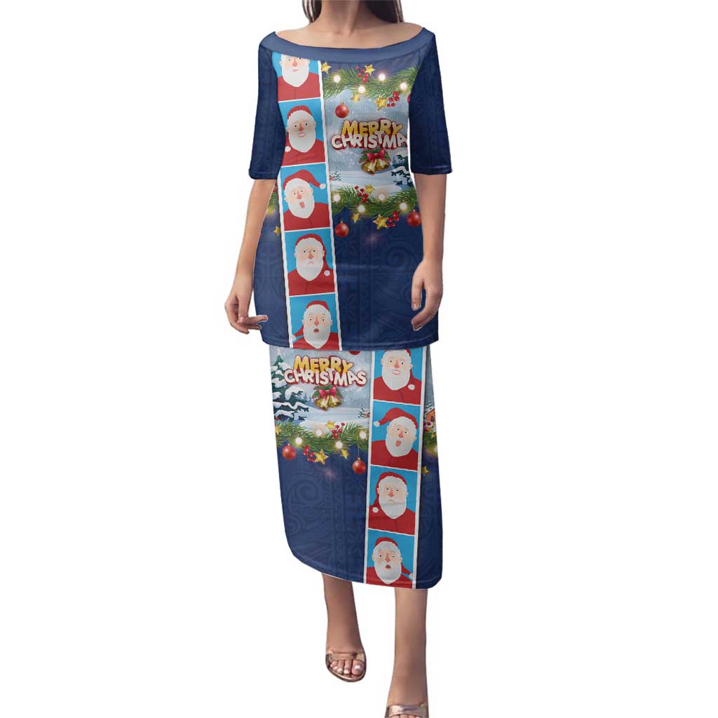 Merry Christmas Family Matching Puletasi and Hawaiian Shirt Funny Santa Claus Cards Photo and Polynesian Pattern Blue Color LT03 Mom's Dress Blue - Polynesian Pride