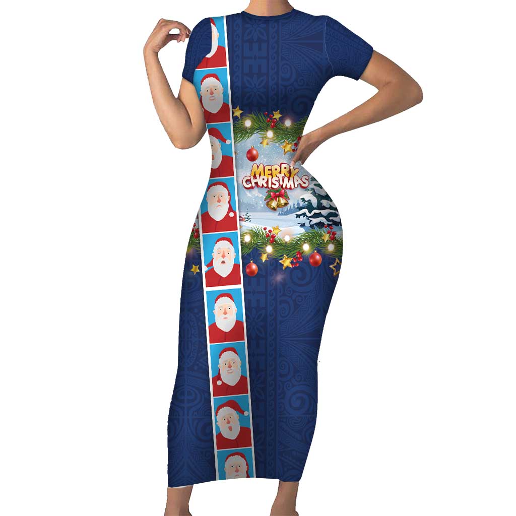 Merry Christmas Family Matching Short Sleeve Bodycon Dress and Hawaiian Shirt Funny Santa Claus Cards Photo and Polynesian Pattern Blue Color LT03 Mom's Dress Blue - Polynesian Pride