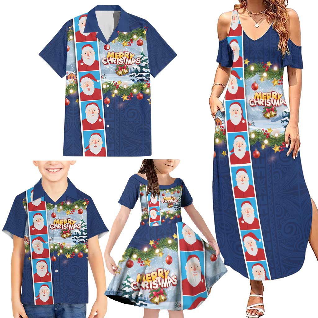 Merry Christmas Family Matching Summer Maxi Dress and Hawaiian Shirt Funny Santa Claus Cards Photo and Polynesian Pattern Blue Color LT03 - Polynesian Pride