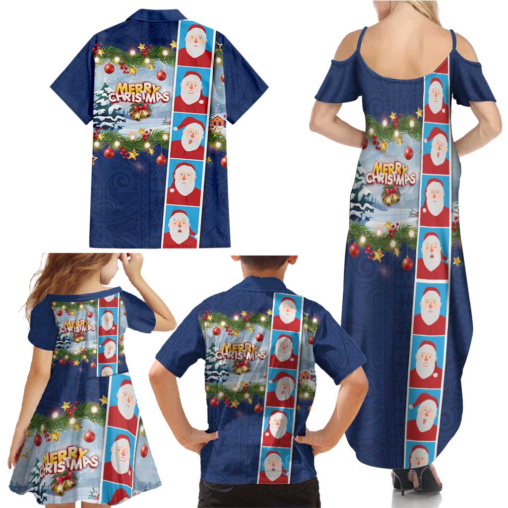 Merry Christmas Family Matching Summer Maxi Dress and Hawaiian Shirt Funny Santa Claus Cards Photo and Polynesian Pattern Blue Color LT03 - Polynesian Pride
