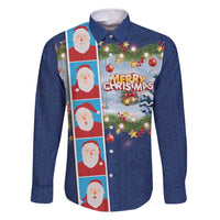 Merry Christmas Family Matching Summer Maxi Dress and Hawaiian Shirt Funny Santa Claus Cards Photo and Polynesian Pattern Blue Color LT03 Dad's Shirt - Long Sleeve Blue - Polynesian Pride
