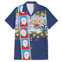 Merry Christmas Hawaiian Shirt Funny Santa Claus Cards Photo and Polynesian Pattern Blue Color LT03 Blue - Polynesian Pride