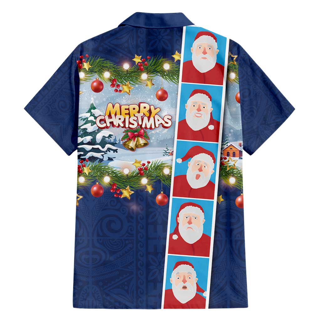 Merry Christmas Hawaiian Shirt Funny Santa Claus Cards Photo and Polynesian Pattern Blue Color LT03 - Polynesian Pride