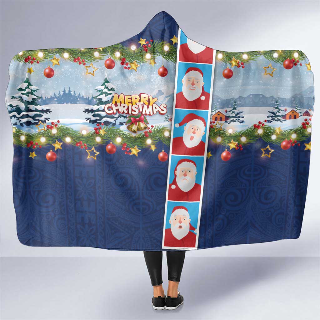Merry Christmas Hooded Blanket Funny Santa Claus Cards Photo and Polynesian Pattern Blue Color LT03 One Size Blue - Polynesian Pride