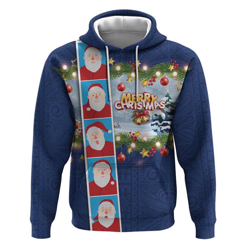 Merry Christmas Hoodie Funny Santa Claus Cards Photo and Polynesian Pattern Blue Color LT03 Pullover Hoodie Blue - Polynesian Pride
