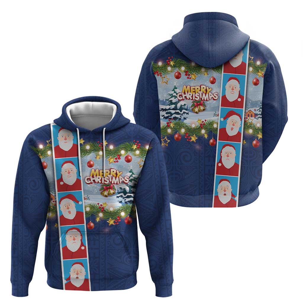 Merry Christmas Hoodie Funny Santa Claus Cards Photo and Polynesian Pattern Blue Color LT03 - Polynesian Pride
