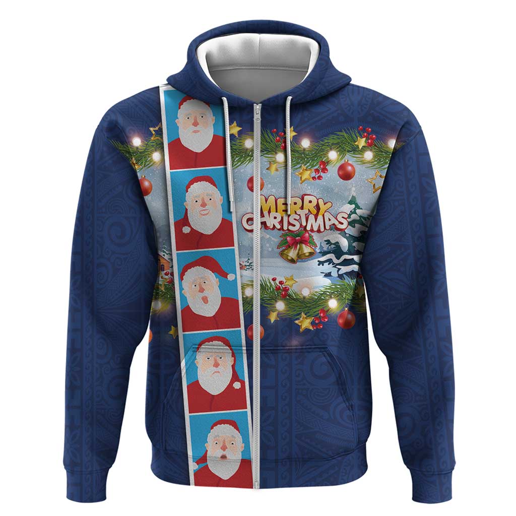 Merry Christmas Hoodie Funny Santa Claus Cards Photo and Polynesian Pattern Blue Color LT03 Zip Hoodie Blue - Polynesian Pride
