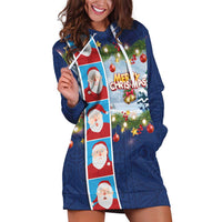 Merry Christmas Hoodie Dress Funny Santa Claus Cards Photo and Polynesian Pattern Blue Color LT03 Blue - Polynesian Pride