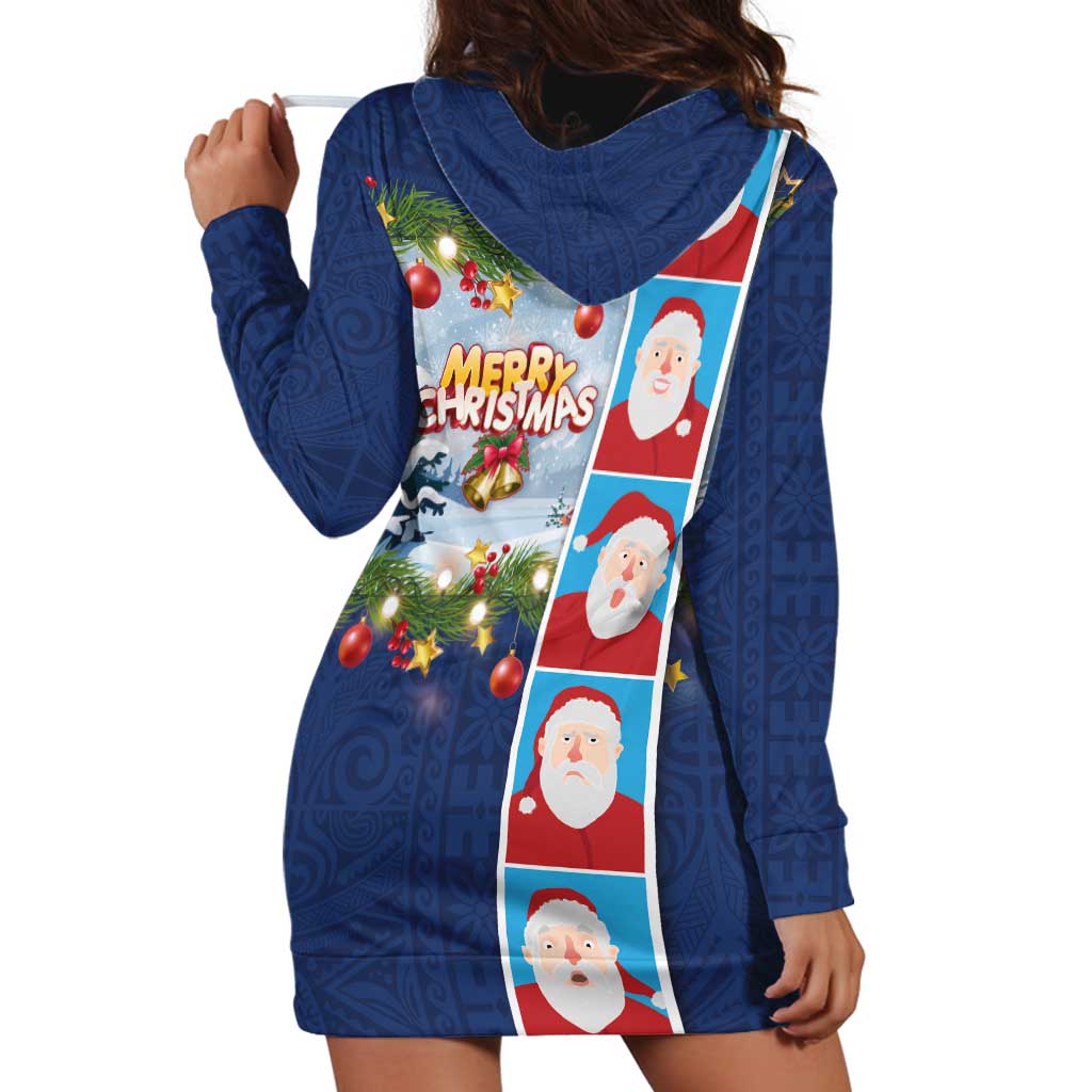 Merry Christmas Hoodie Dress Funny Santa Claus Cards Photo and Polynesian Pattern Blue Color LT03 - Polynesian Pride
