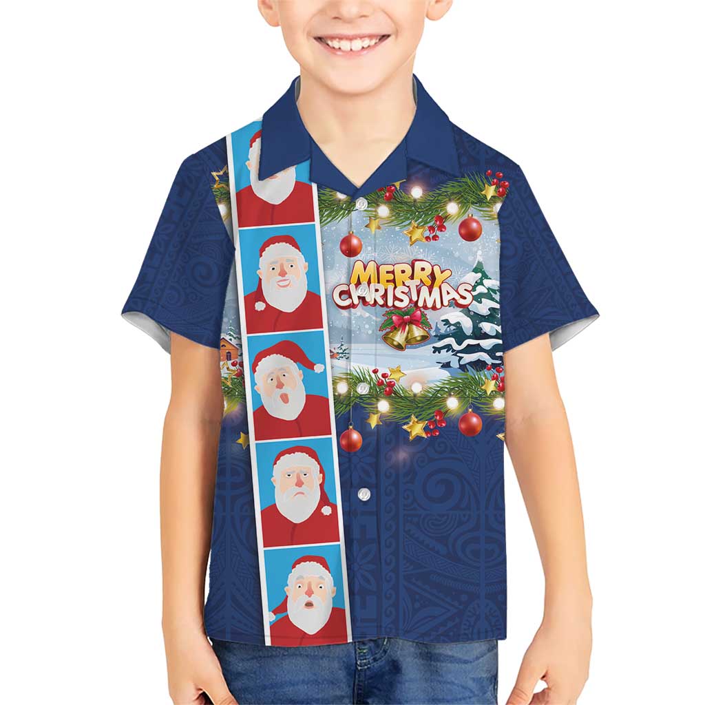 Merry Christmas Kid Hawaiian Shirt Funny Santa Claus Cards Photo and Polynesian Pattern Blue Color LT03 Kid Blue - Polynesian Pride