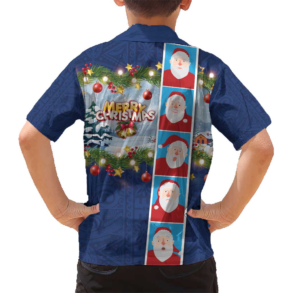 Merry Christmas Kid Hawaiian Shirt Funny Santa Claus Cards Photo and Polynesian Pattern Blue Color LT03 - Polynesian Pride