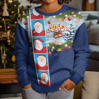 Merry Christmas Kid Ugly Christmas Sweater Funny Santa Claus Cards Photo and Polynesian Pattern Blue Color LT03 - Polynesian Pride