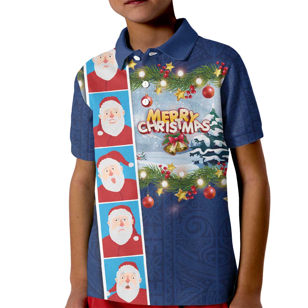 Merry Christmas Kid Polo Shirt Funny Santa Claus Cards Photo and Polynesian Pattern Blue Color LT03 Kid Blue - Polynesian Pride