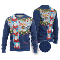 Merry Christmas Ugly Christmas Sweater Funny Santa Claus Cards Photo and Polynesian Pattern Blue Color LT03 Blue - Polynesian Pride