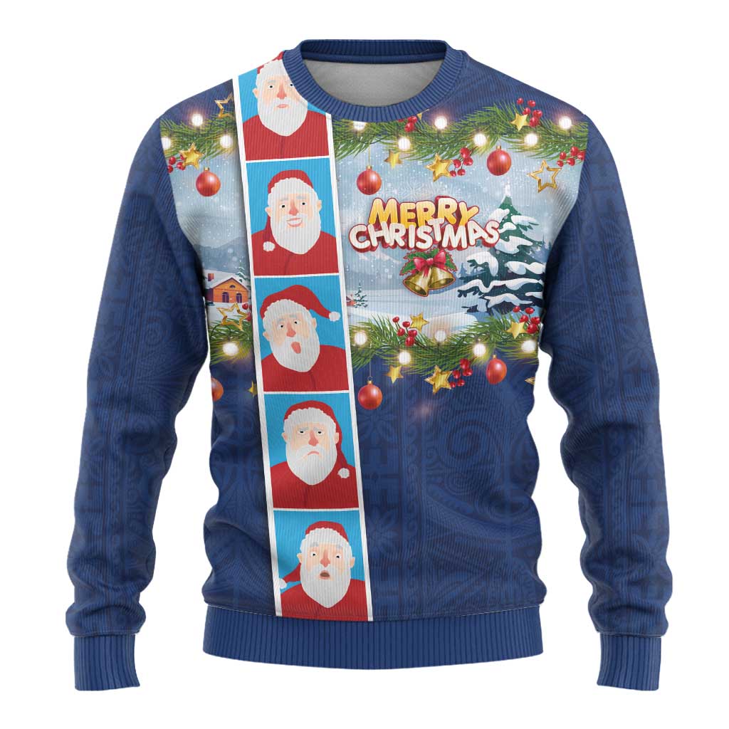 Merry Christmas Ugly Christmas Sweater Funny Santa Claus Cards Photo and Polynesian Pattern Blue Color LT03 - Polynesian Pride