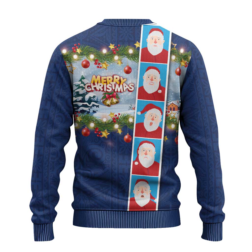 Merry Christmas Ugly Christmas Sweater Funny Santa Claus Cards Photo and Polynesian Pattern Blue Color LT03 - Polynesian Pride