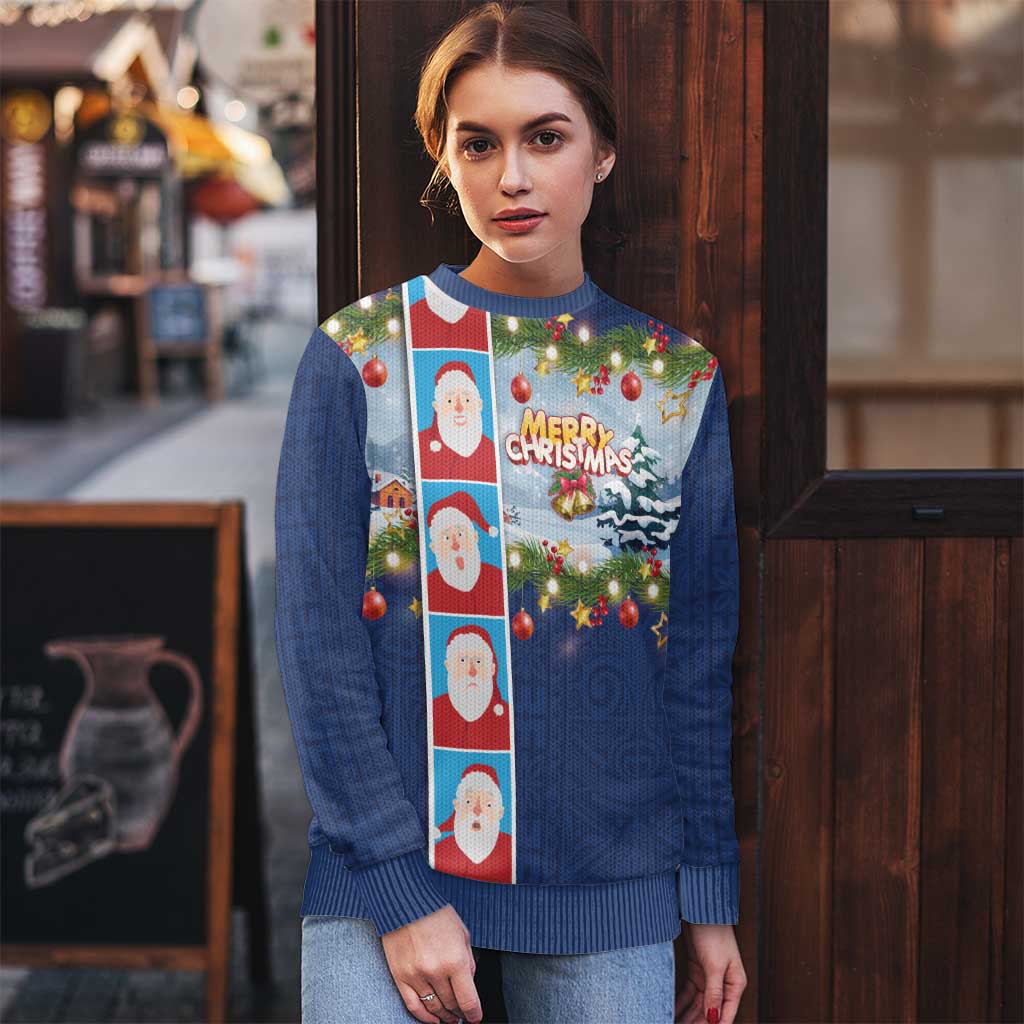Merry Christmas Ugly Christmas Sweater Funny Santa Claus Cards Photo and Polynesian Pattern Blue Color LT03 - Polynesian Pride