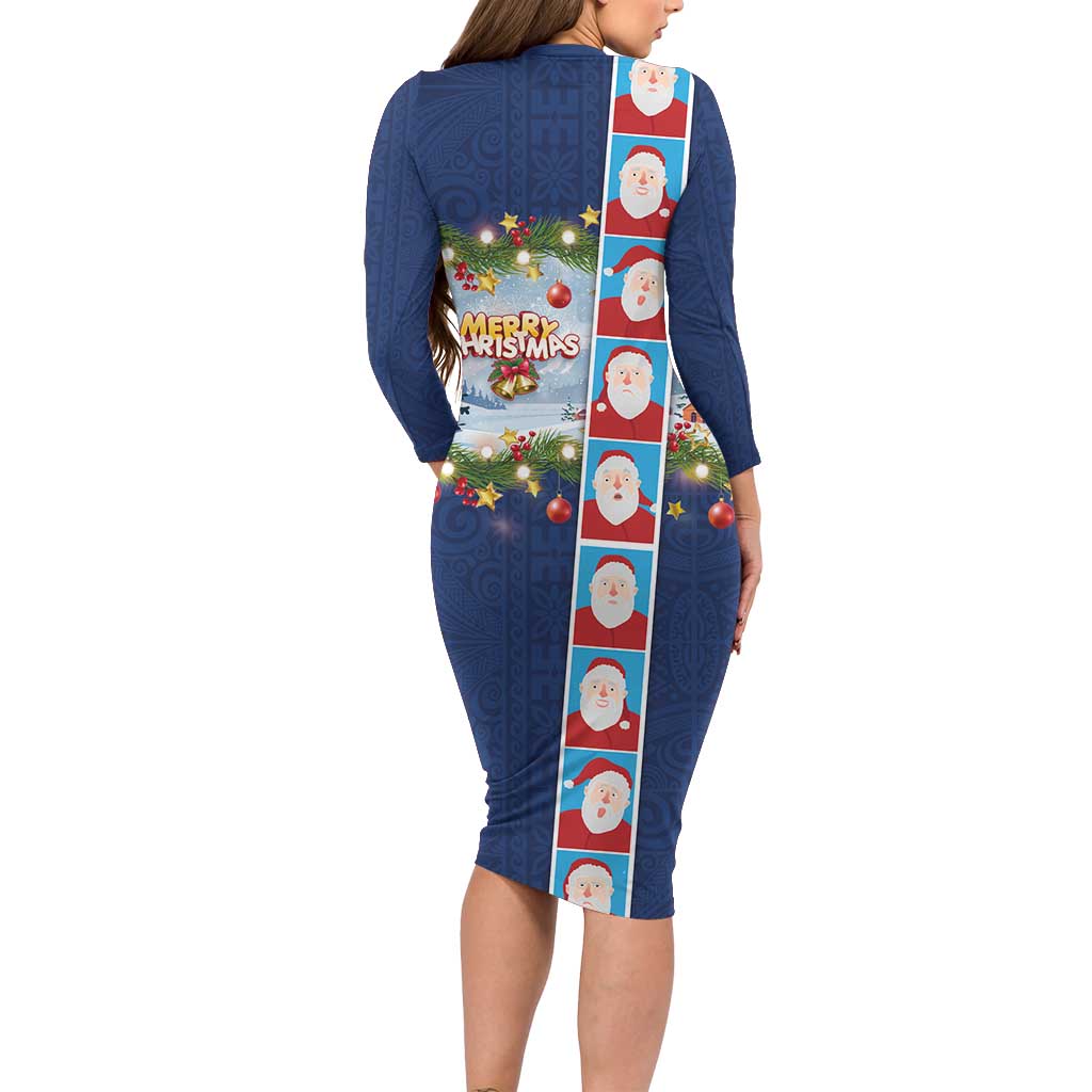 Merry Christmas Long Sleeve Bodycon Dress Funny Santa Claus Cards Photo and Polynesian Pattern Blue Color LT03 - Polynesian Pride