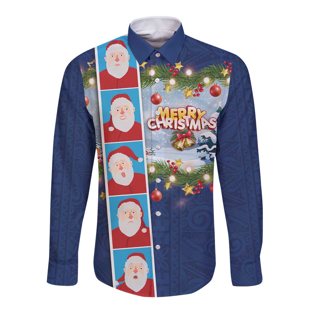 Merry Christmas Long Sleeve Button Shirt Funny Santa Claus Cards Photo and Polynesian Pattern Blue Color LT03 Unisex Blue - Polynesian Pride