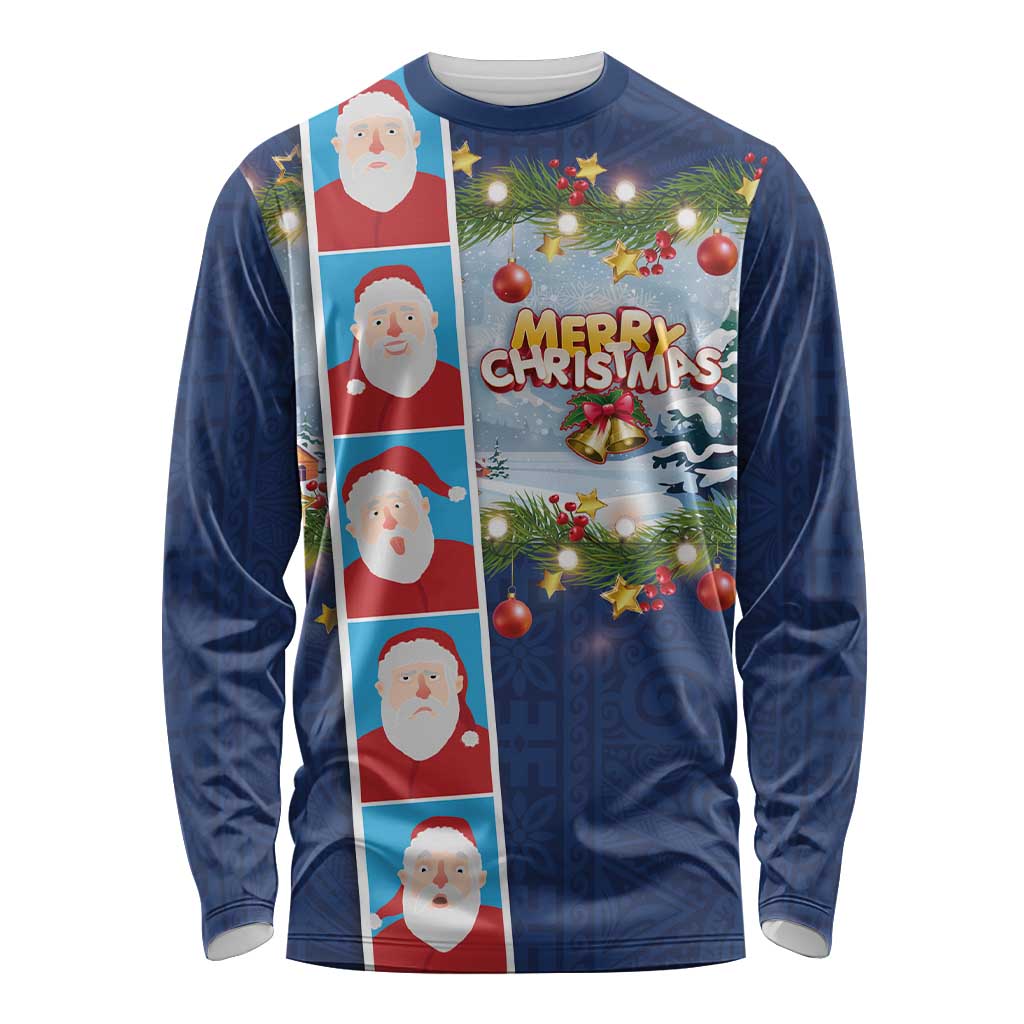 Merry Christmas Long Sleeve Shirt Funny Santa Claus Cards Photo and Polynesian Pattern Blue Color LT03 Unisex Blue - Polynesian Pride