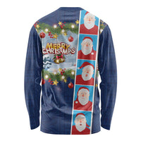 Merry Christmas Long Sleeve Shirt Funny Santa Claus Cards Photo and Polynesian Pattern Blue Color LT03 - Polynesian Pride