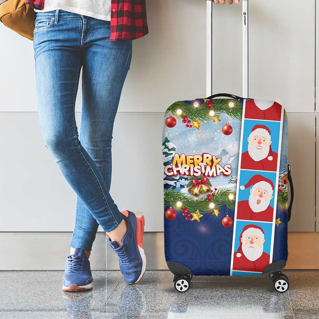 Merry Christmas Luggage Cover Funny Santa Claus Cards Photo and Polynesian Pattern Blue Color LT03 - Polynesian Pride