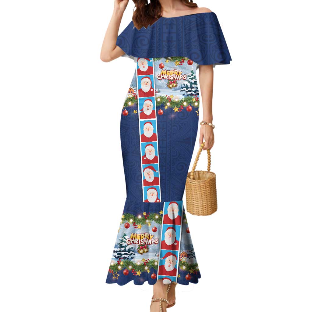Merry Christmas Mermaid Dress Funny Santa Claus Cards Photo and Polynesian Pattern Blue Color LT03 Women Blue - Polynesian Pride