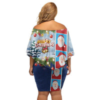 Merry Christmas Off Shoulder Short Dress Funny Santa Claus Cards Photo and Polynesian Pattern Blue Color LT03 - Polynesian Pride