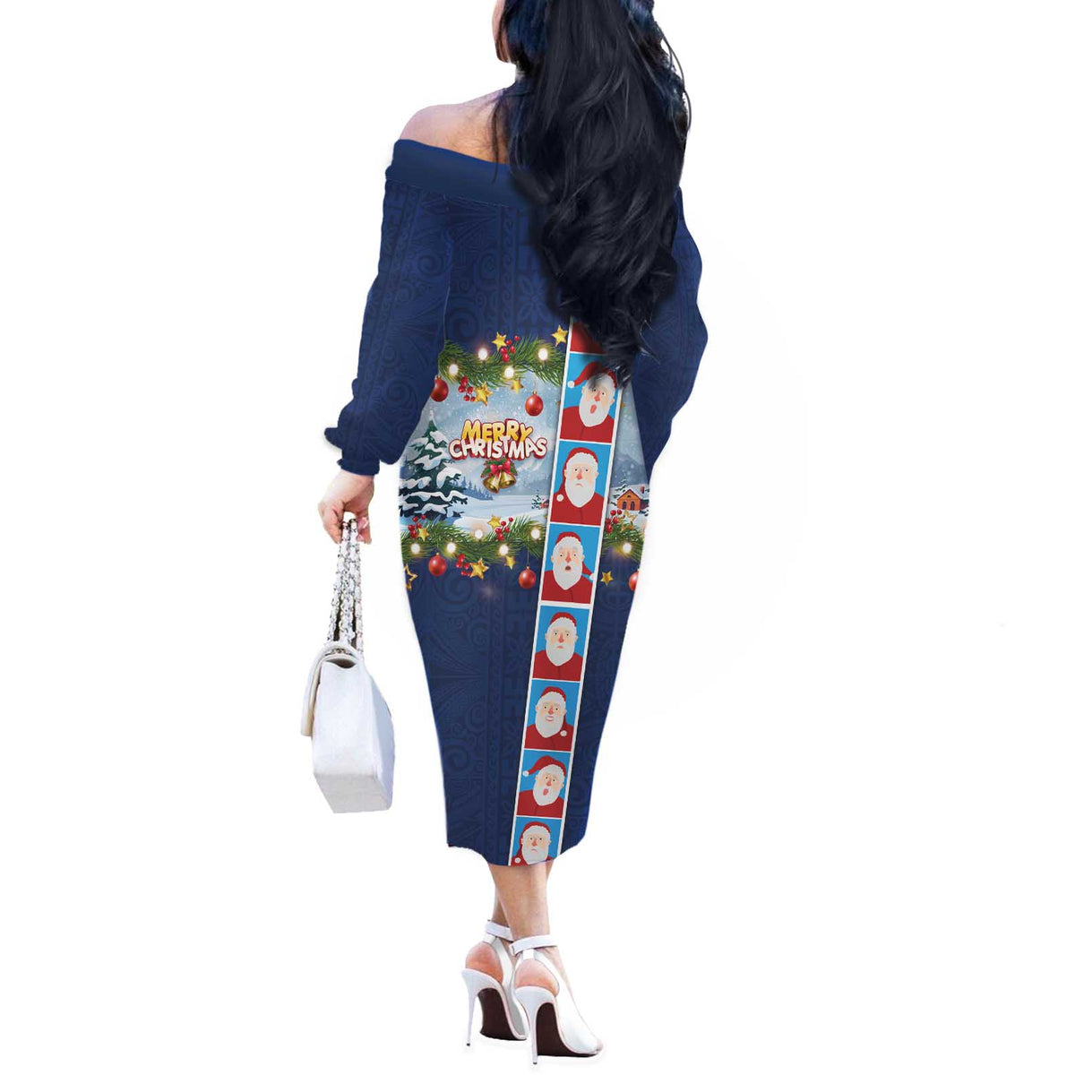 Merry Christmas Off The Shoulder Long Sleeve Dress Funny Santa Claus Cards Photo and Polynesian Pattern Blue Color LT03 - Polynesian Pride