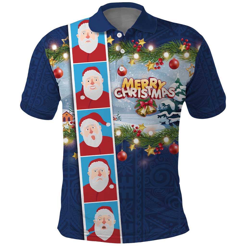 Merry Christmas Polo Shirt Funny Santa Claus Cards Photo and Polynesian Pattern Blue Color LT03 Blue - Polynesian Pride